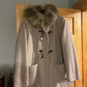 Calvin Klein Light Brown Taupe duffle coat with Faux Fur Collar hood trim